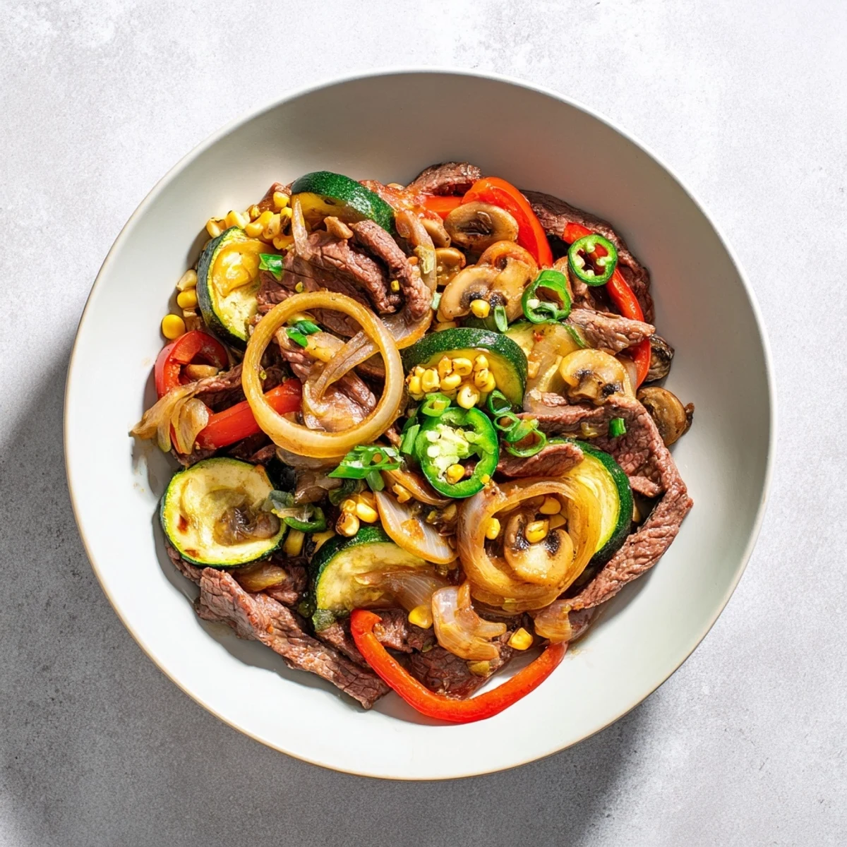 Hearty Blackstone Cowboy Stir Fry featuring tender sliced beef and colorful vegetables on a sizzling griddle