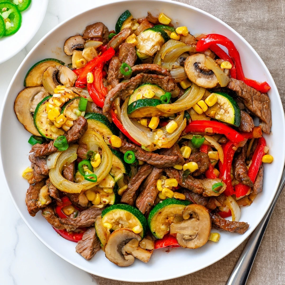 Crowd-pleasing Blackstone Cowboy Stir Fry packed with juicy beef charred alongside bell peppers onions and corn