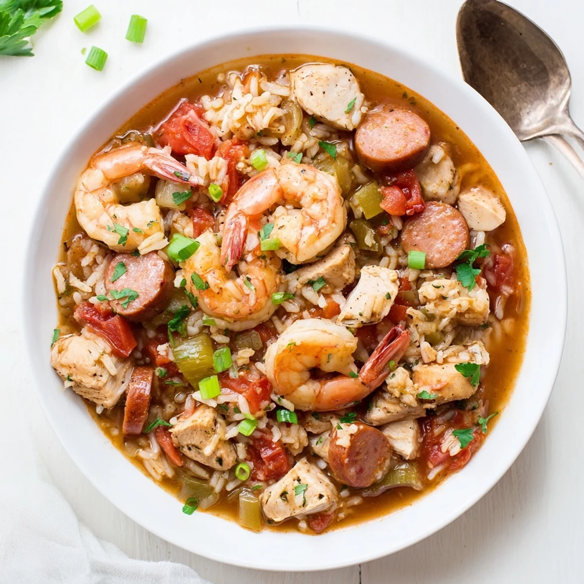 Slow cooker Crock Pot Jambalaya with tender chicken, andouille sausage, and pink shrimp in a rich, savory tomato-based sauce