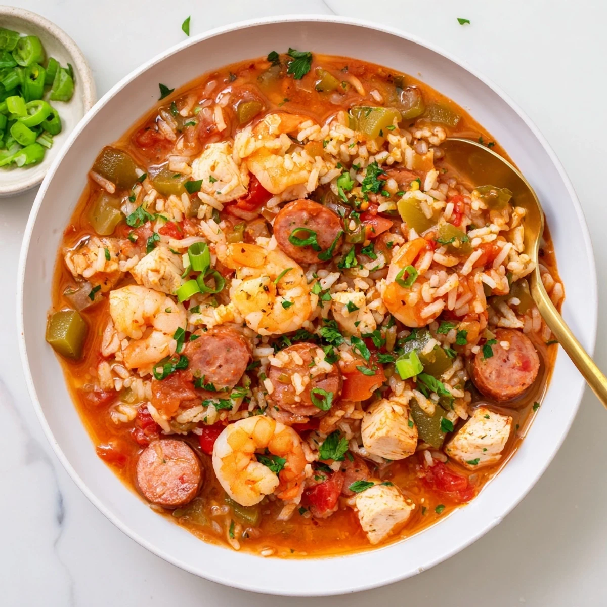 Hearty Crock Pot Jambalaya bowl featuring fluffy rice, colorful vegetables, and spicy Creole-seasoned meats and seafood