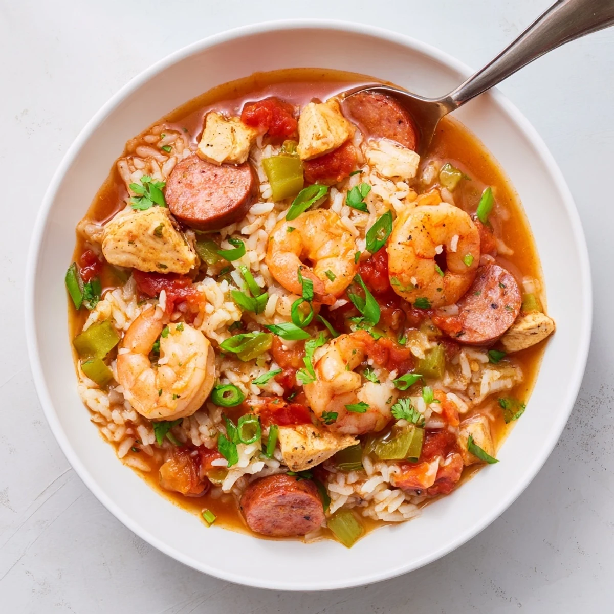 Steamy Crock Pot Jambalaya plated with fresh green onion garnish, showcasing tender chicken chunks, sliced sausage, and plump shrimp