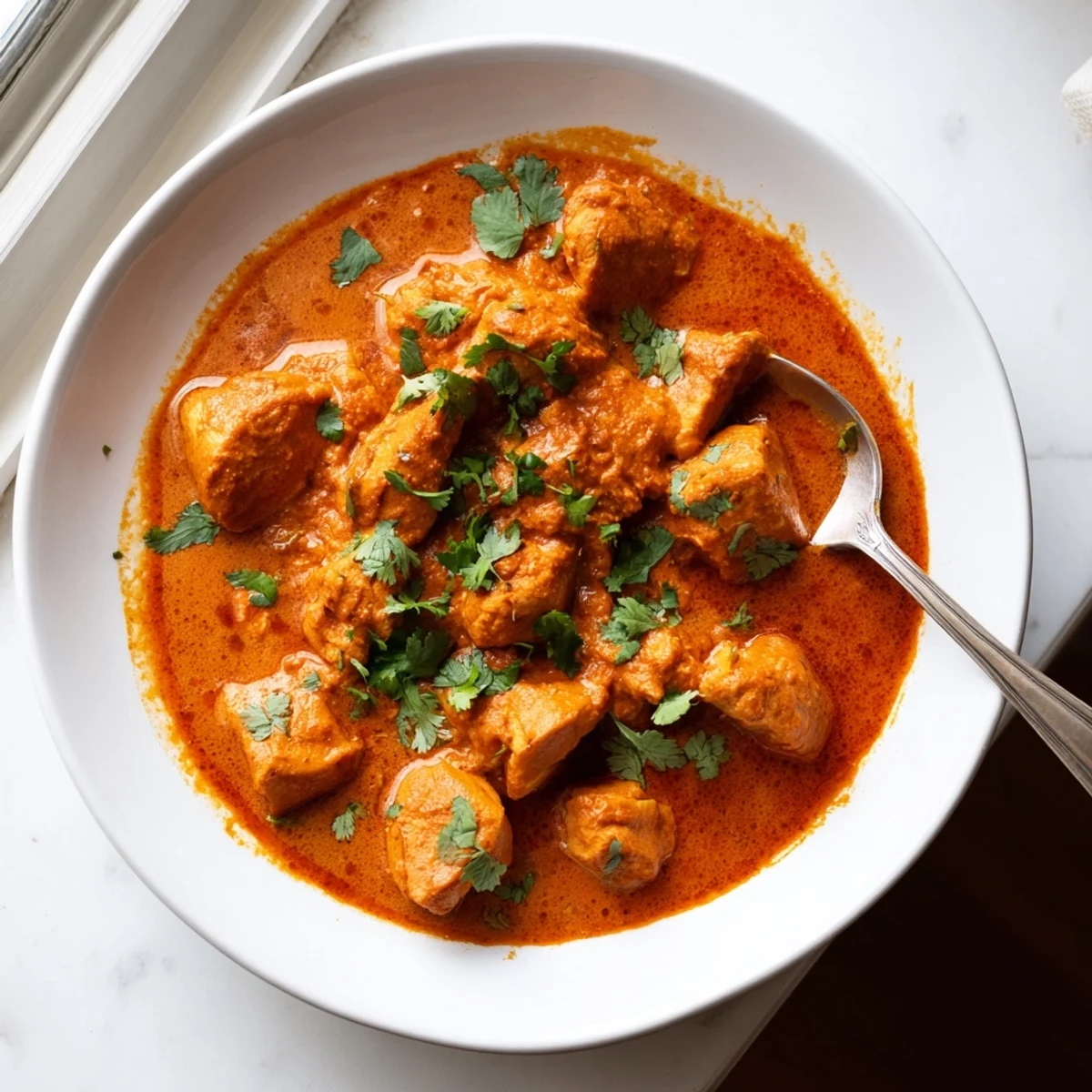 Creamy Instant Pot butter chicken featuring tender chicken pieces in a rich tomato-based sauce garnished with fresh cilantro.