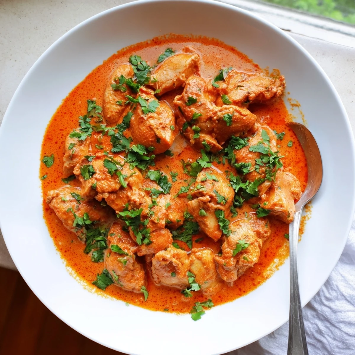 Golden chunks of marinated chicken swimming in a spiced, velvety curry sauce served over fluffy white basmati rice.