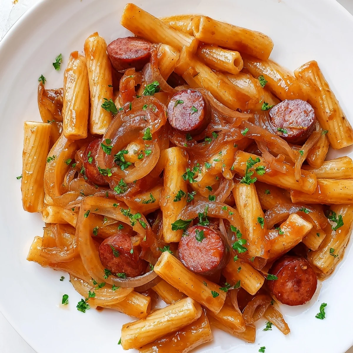 Golden honey garlic sausage pasta skillet featuring caramelized meat slices coated in a thick sticky glaze