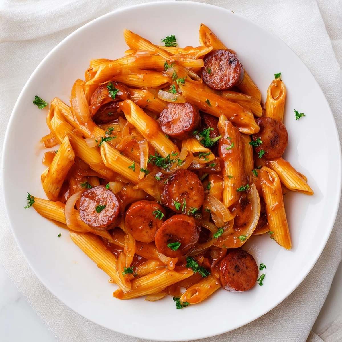 Comforting honey garlic sausage pasta skillet dish bubbling with rich tomato honey garlic sauce