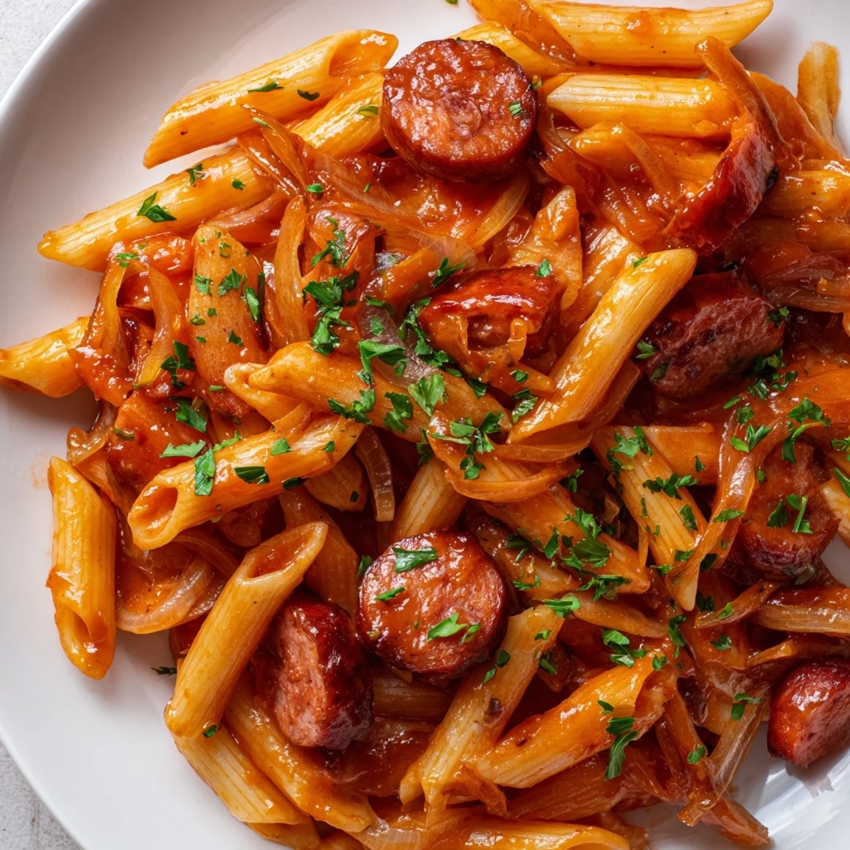 One-pan honey garlic sausage pasta tossed in a savory sweet sauce with fresh parsley garnish