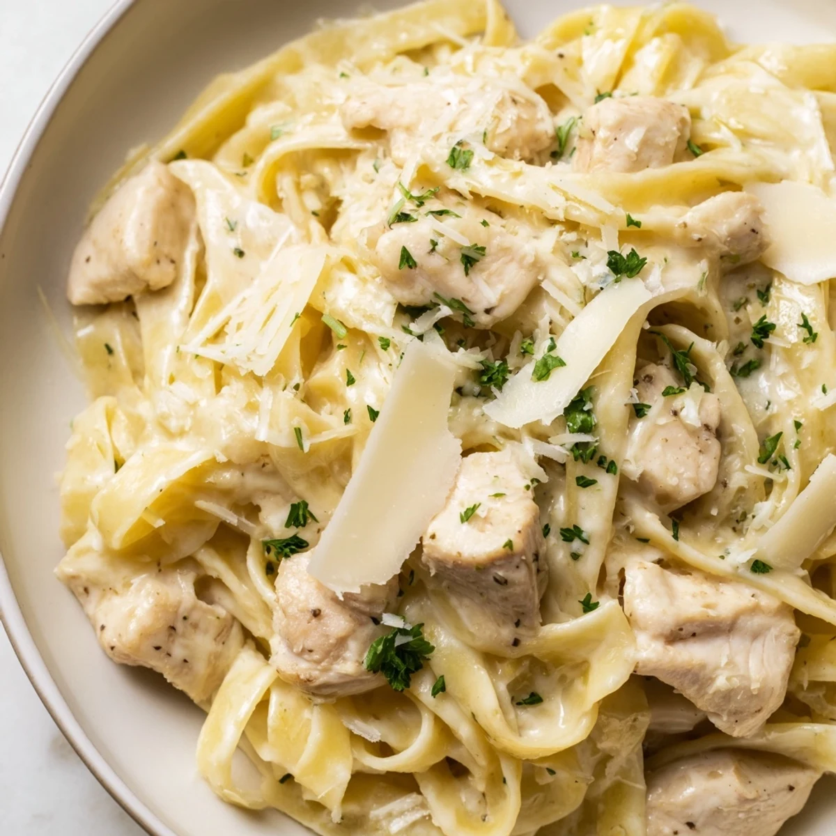 Creamy Instant Pot chicken alfredo with tender pasta chunks and golden chicken pieces in rich white sauce