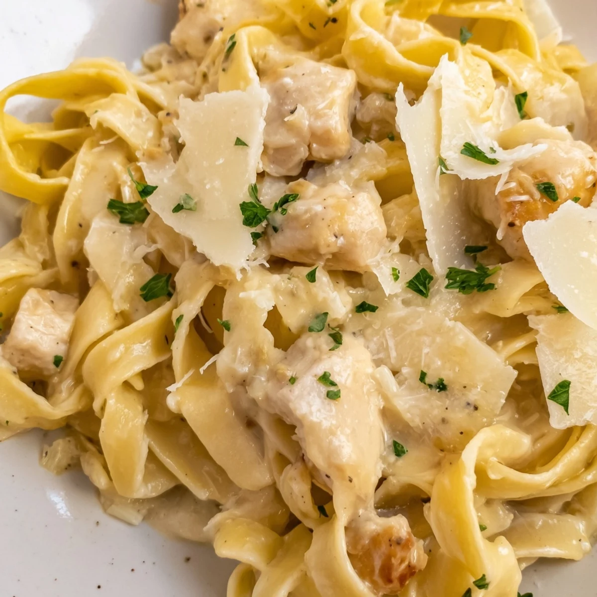 Served Instant Pot chicken alfredo garnished with fresh parsley and extra parmesan cheese over a white plate