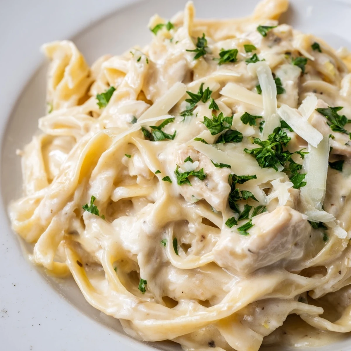 Close-up of Instant Pot chicken alfredo showcasing silky parmesan garlic sauce coating fettuccine and bite-sized chicken