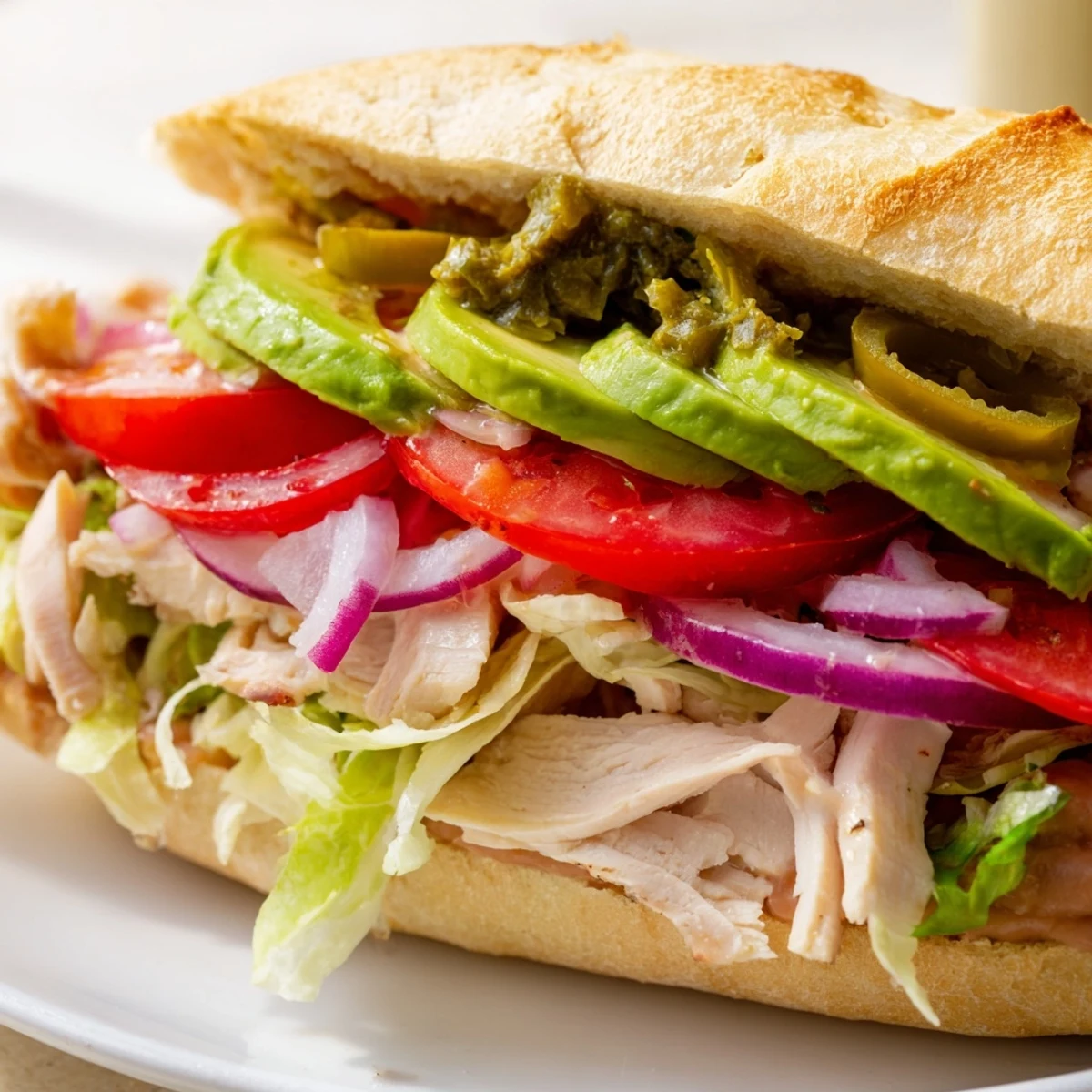 Golden chicken torta sandwich piled with avocado, tomatoes, and crisp lettuce on bolillo roll