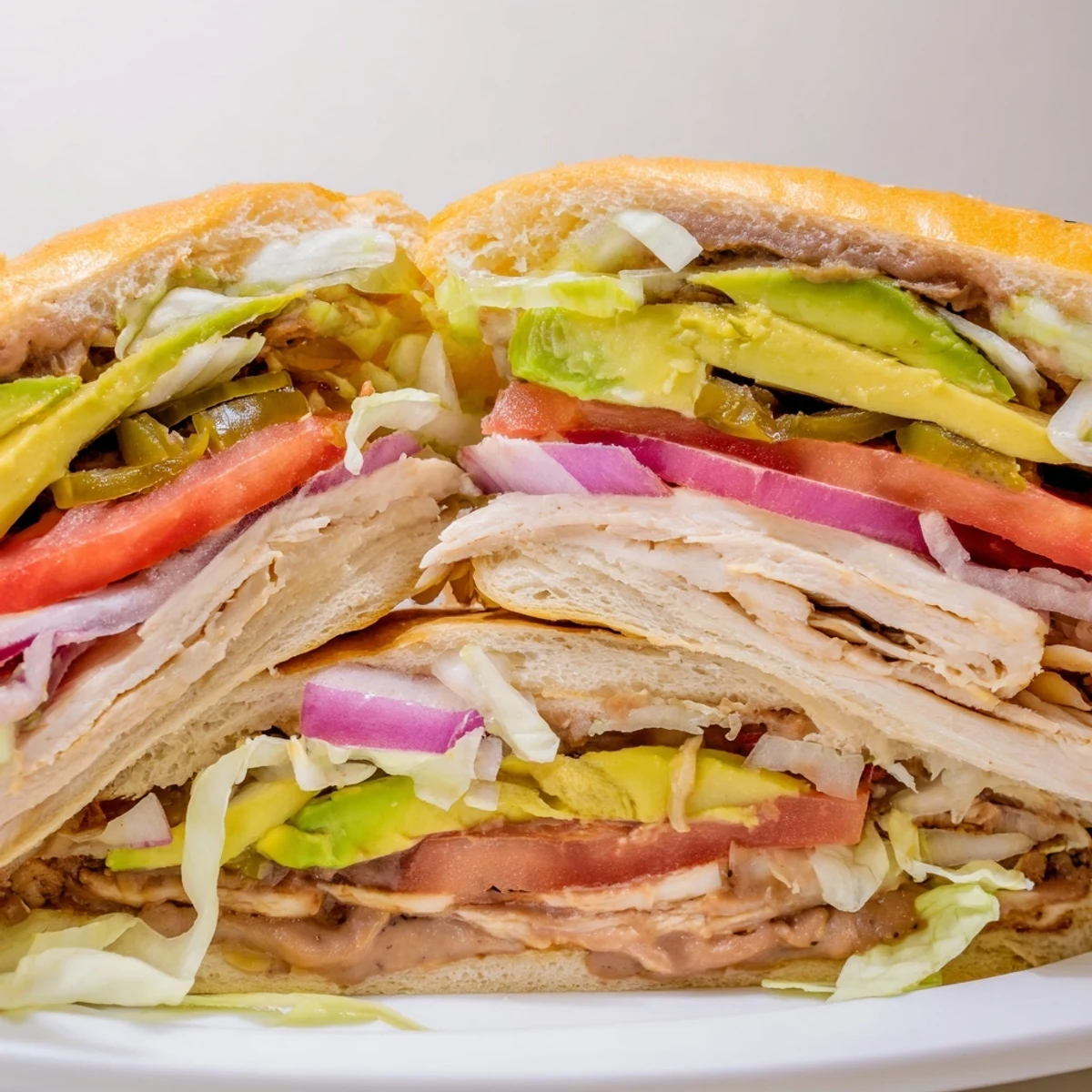 Mexican-style chicken torta sandwich featuring marinated grilled chicken with zesty jalapeños and creamy beans