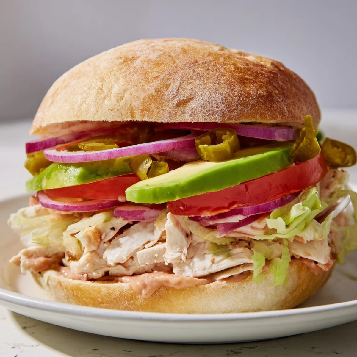 Hearty chicken torta sandwich loaded with sliced avocado, ripe tomatoes, and pickled jalapeños