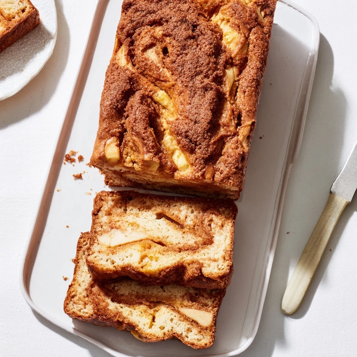 Golden brown cinnamon apple bread loaf with a marbled sugar swirl topping on a wooden cutting board