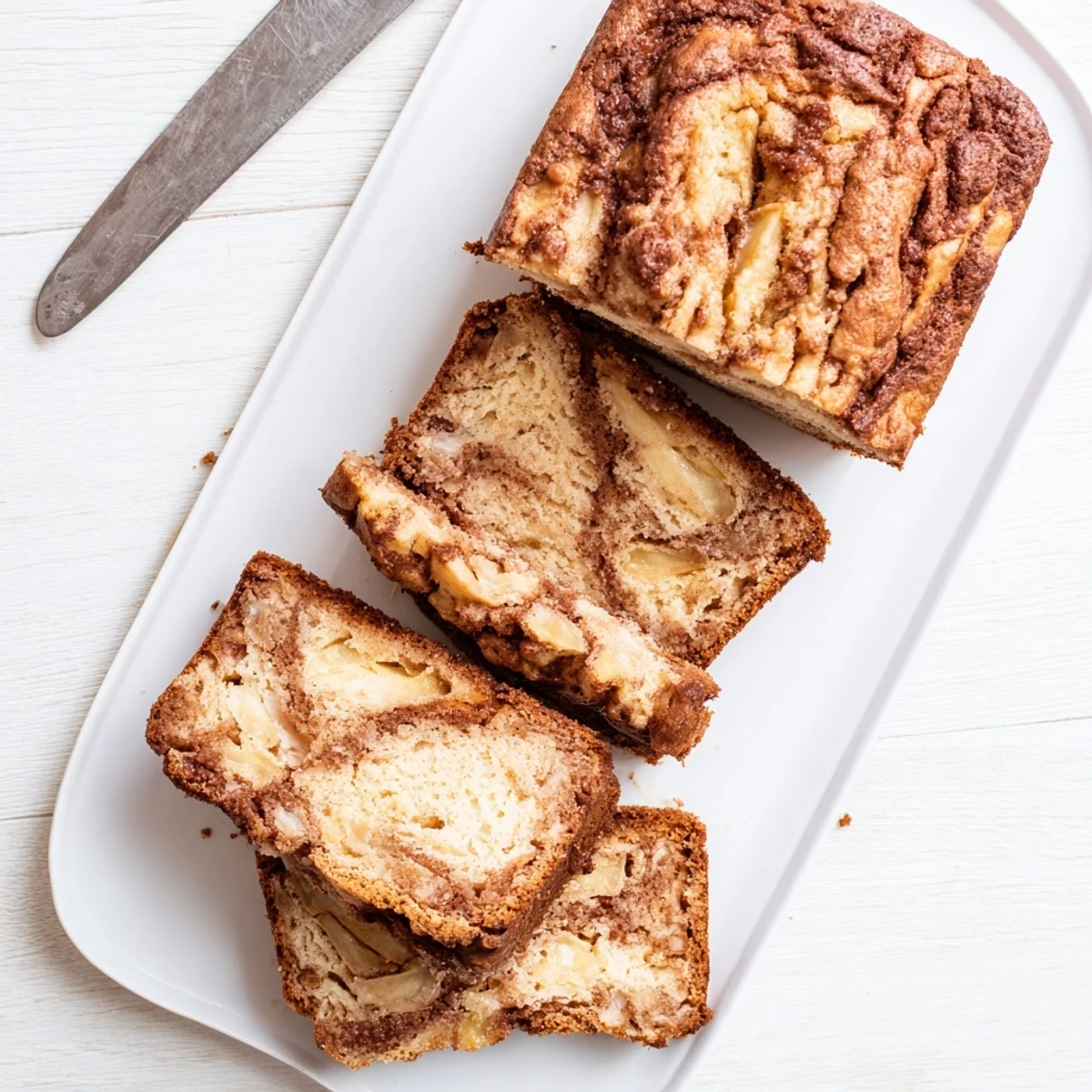 Moist quick bread slice revealing tender chunks of spiced apples throughout the cinnamon-swirled crumb