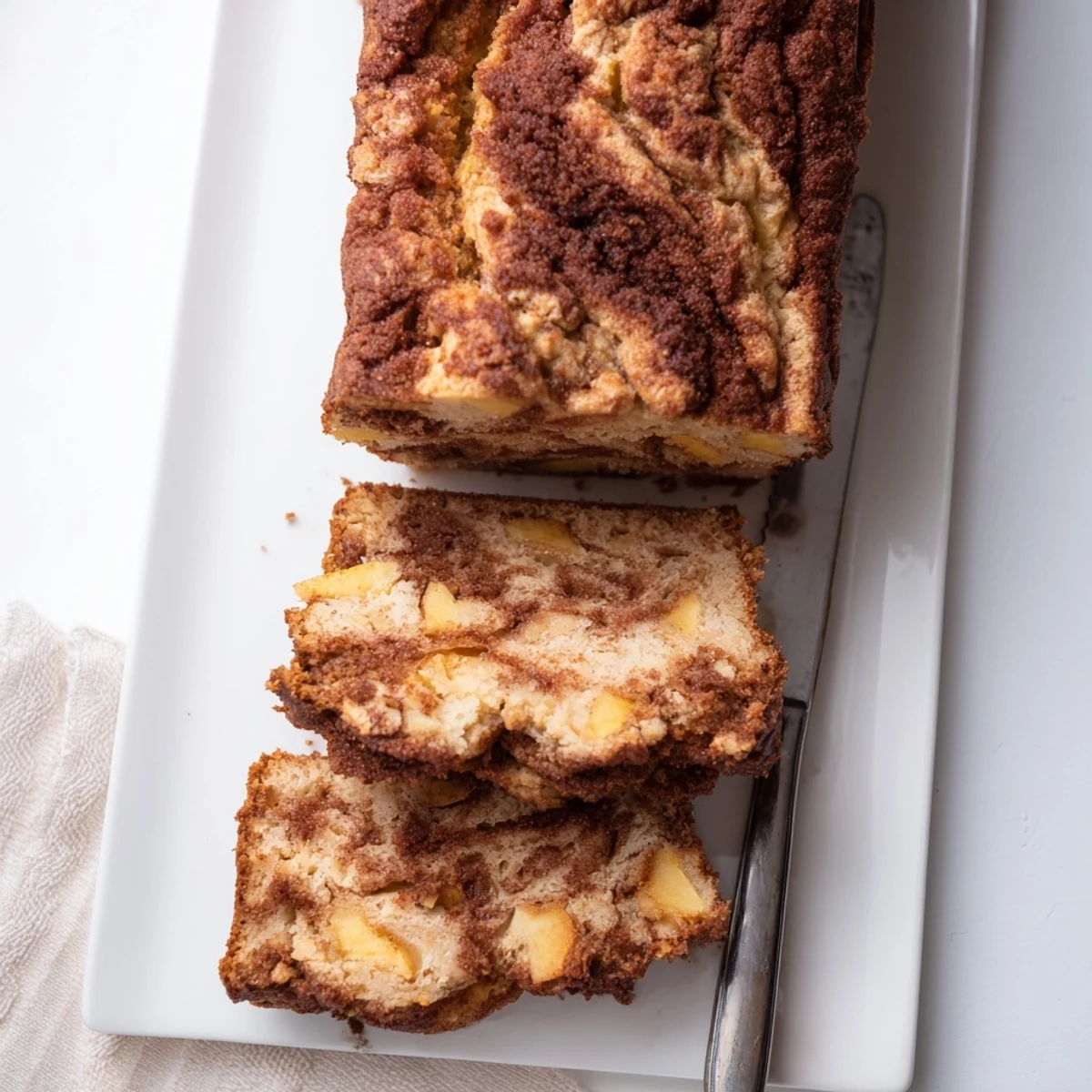 Freshly baked cinnamon apple bread cooling on a wire rack with visible apple pieces and sugary crust