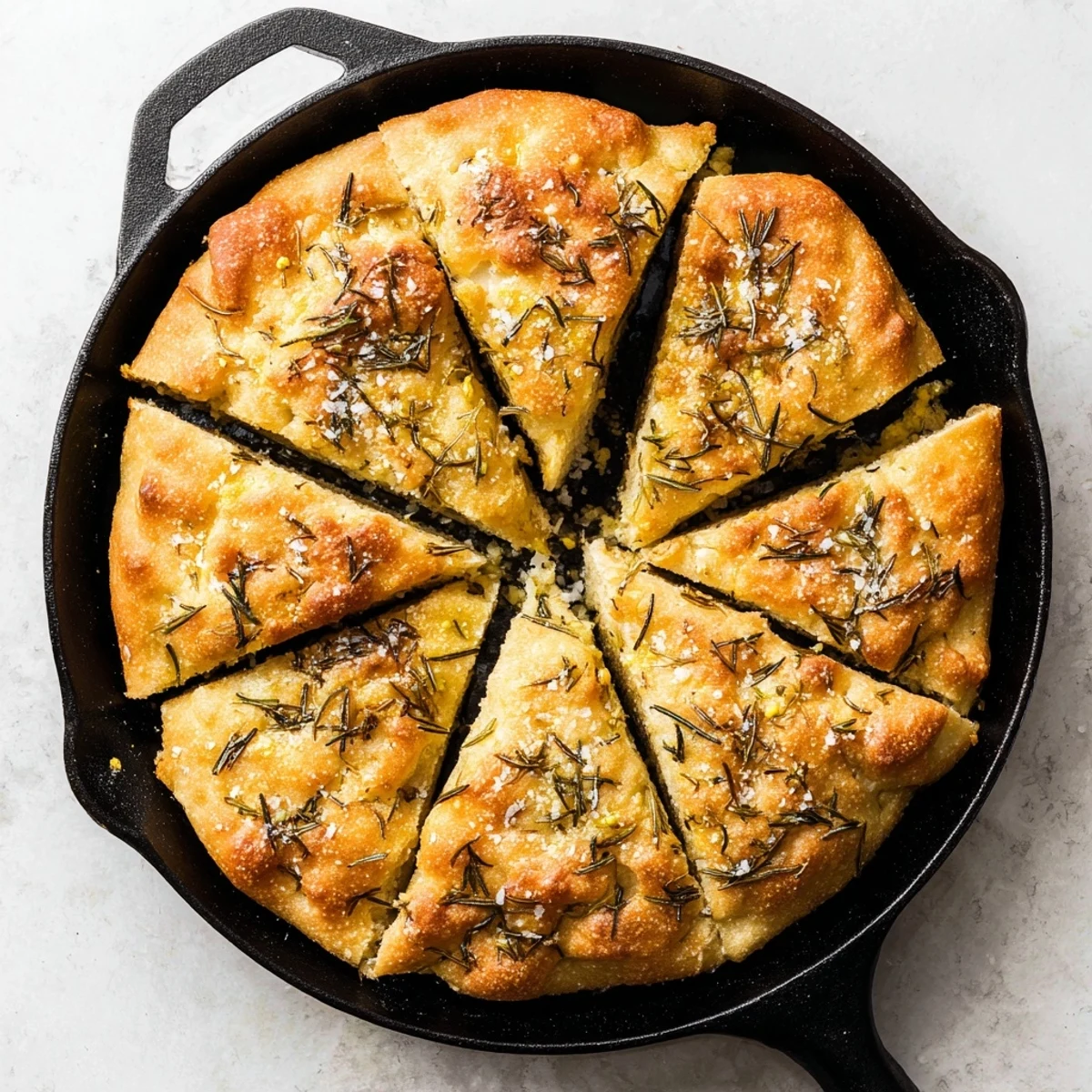 Golden brown rustic garlic rosemary skillet bread with flaky sea salt sprinkled on top