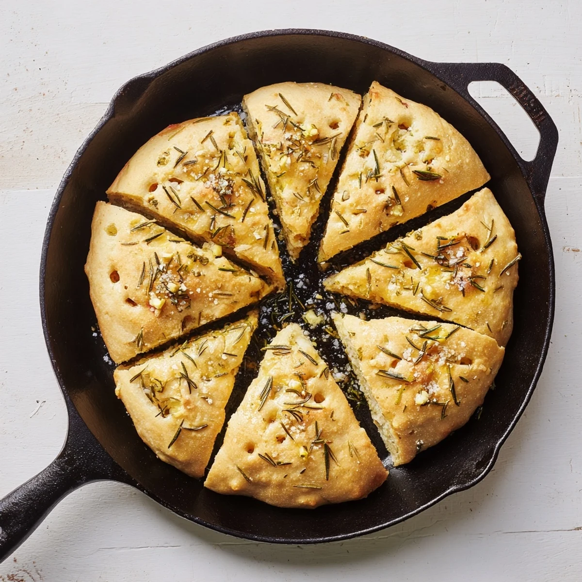 Freshly baked garlic rosemary skillet bread sliced and ready for dipping in olive oil