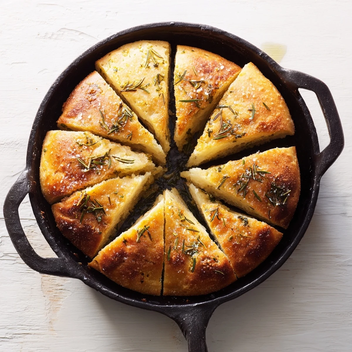 Warm cast iron skillet featuring homemade garlic rosemary bread with crisp golden edges