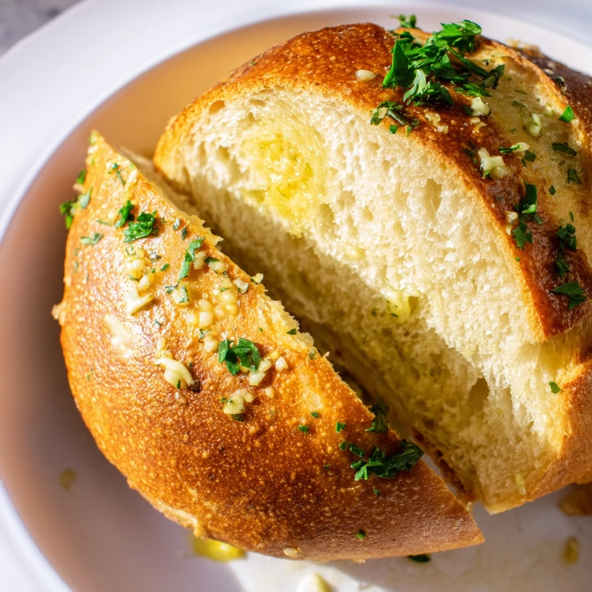Golden brown garlic herb Dutch oven bread with a crisp, crackly crust and soft interior