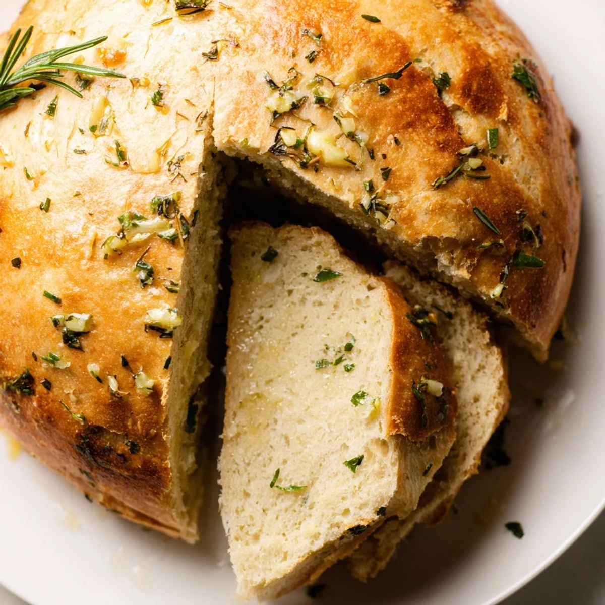 Warm garlic herb Dutch oven bread loaf brushed with butter and garnished with parsley