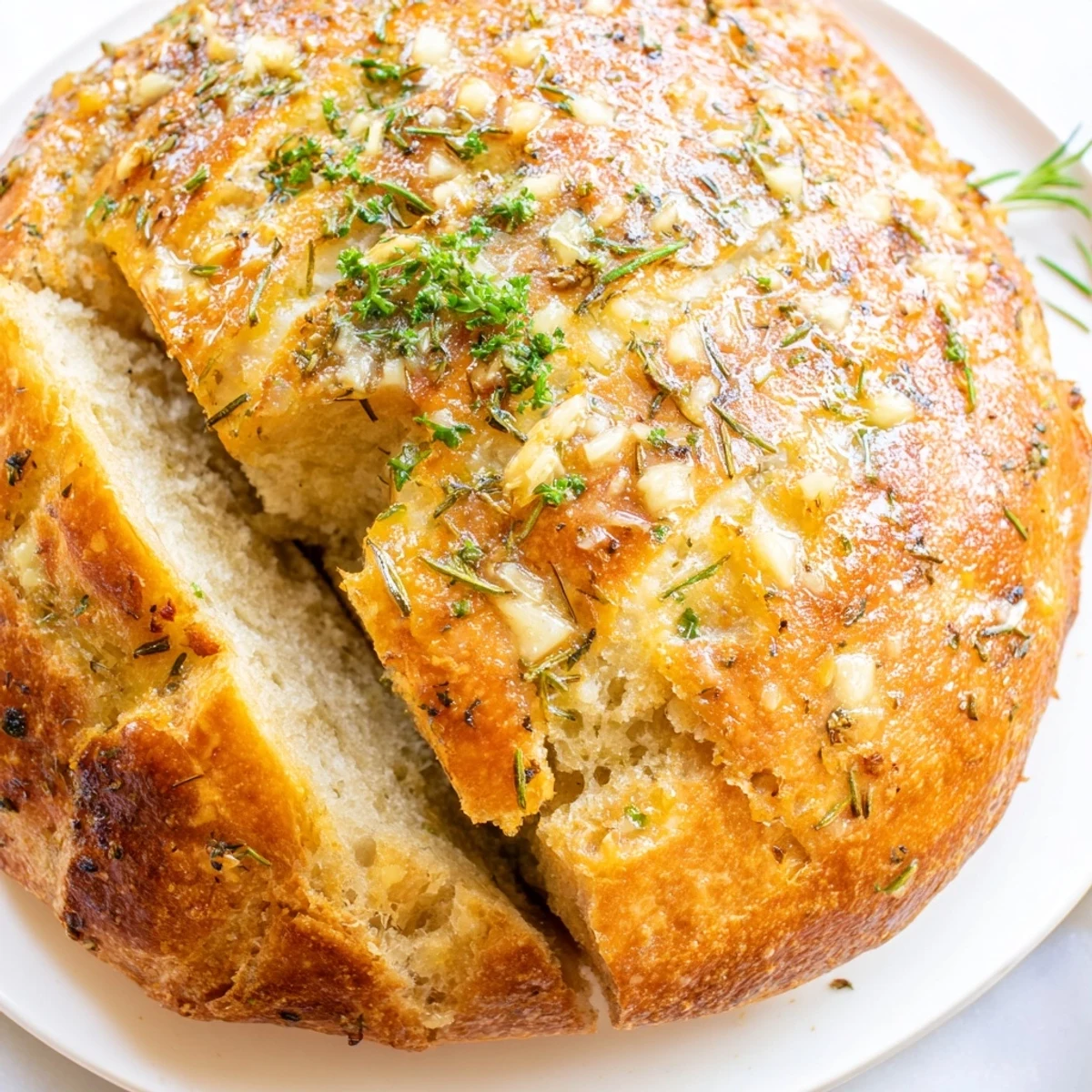Rustic artisan loaf studded with fresh rosemary and thyme baked in a cast iron Dutch oven