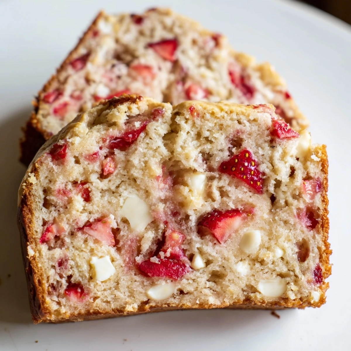 Golden brown sourdough white chocolate chips strawberry bread loaf studded with juicy red berries and creamy white chunks