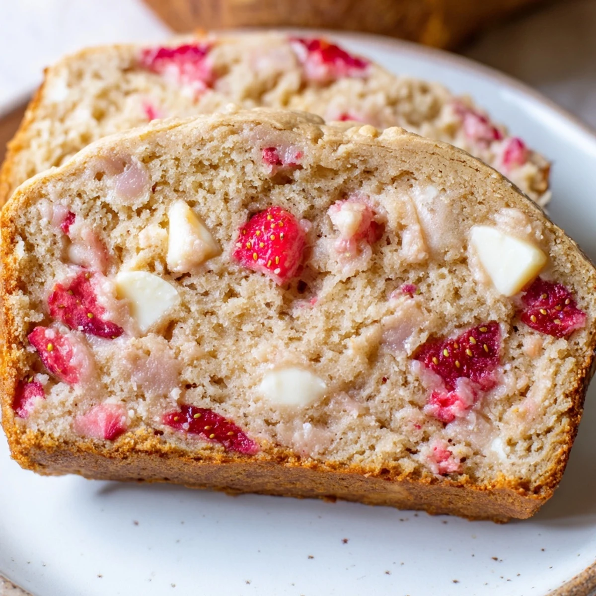 Fresh strawberry slices and melted white chocolate chips scattered across a thick slice of tangy sourdough quick bread on a wooden board