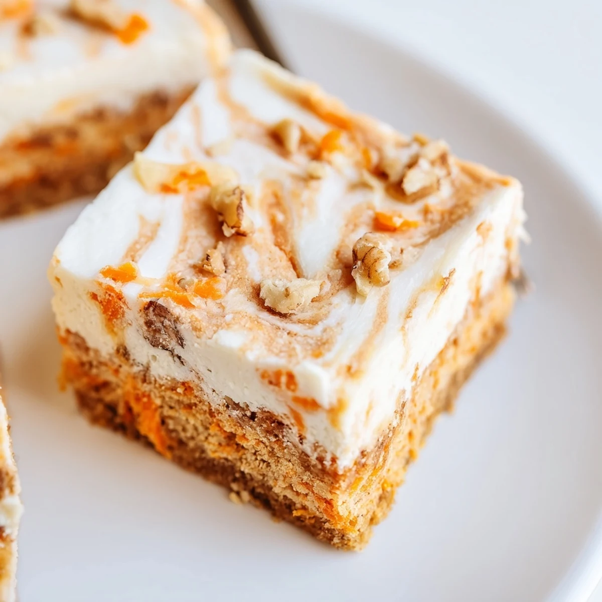 Golden carrot cake batter swirled with creamy cheesecake layer in a marbled baking pan