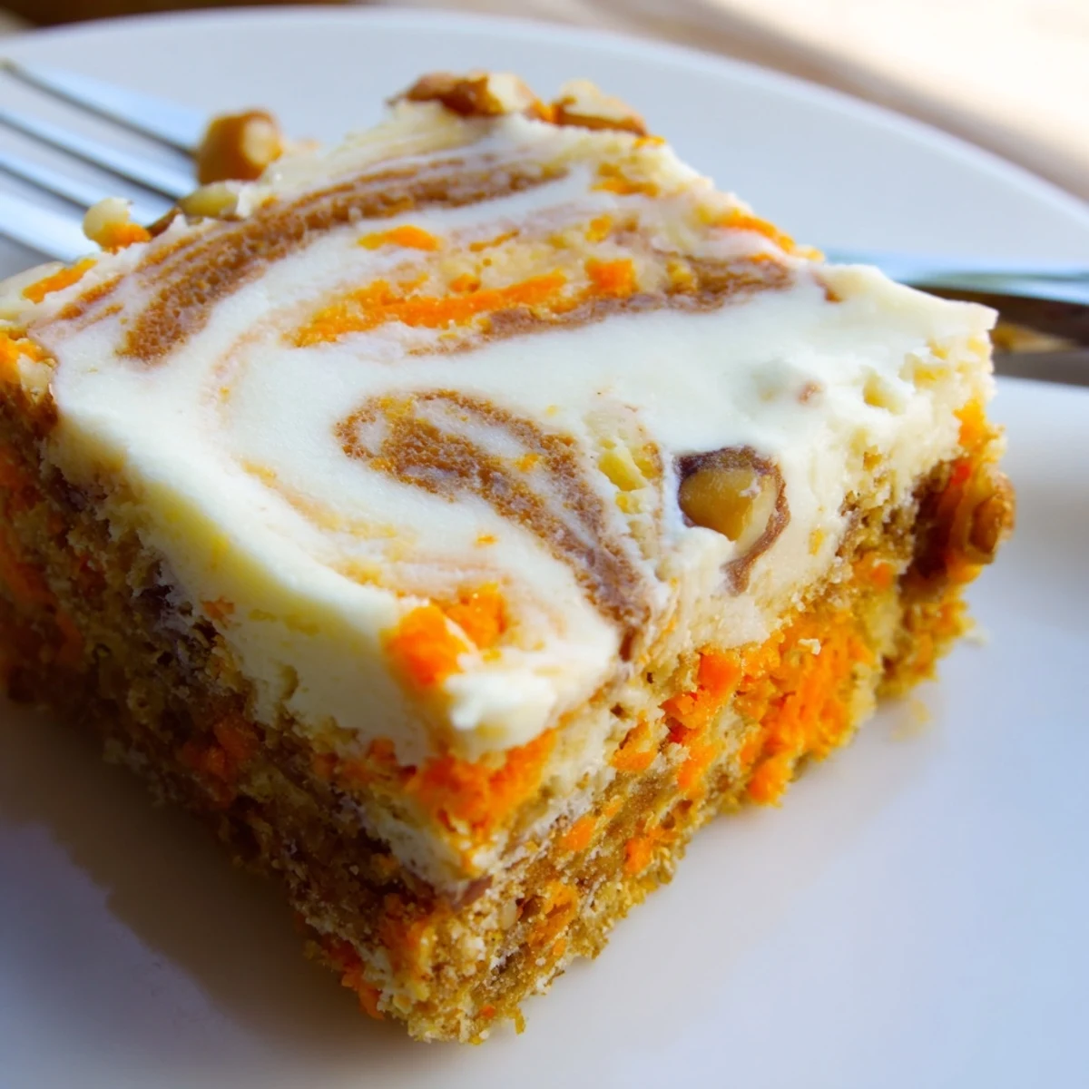Square carrot cake cream cheese bars topped with walnuts on white dessert plate