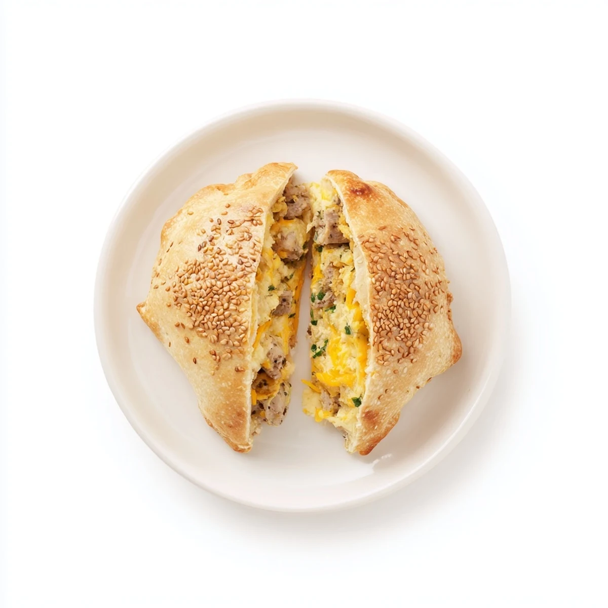 Golden high protein breakfast hot pockets with egg and cheese filling oozing from whole wheat crust