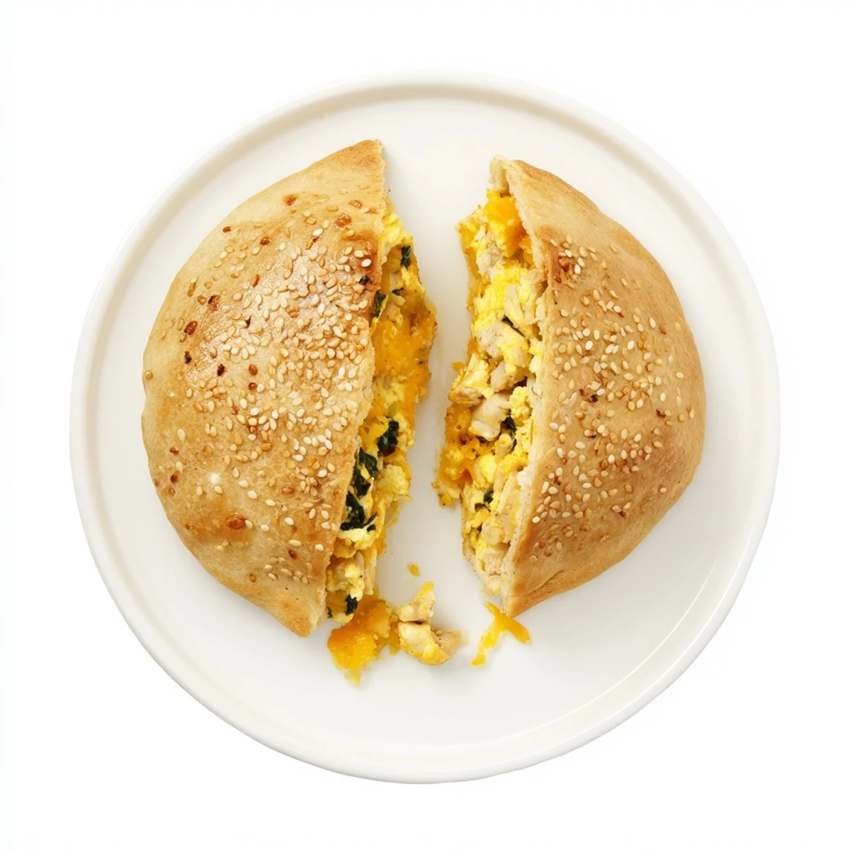 Savory handheld breakfast hot pockets featuring fluffy scrambled eggs turkey and melted cheddar inside baked dough