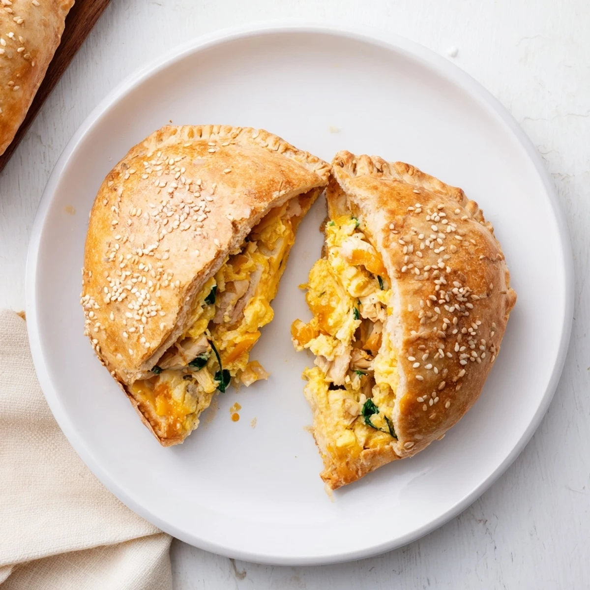 Protein-packed breakfast hot pockets sliced open to reveal cheesy egg turkey spinach filling on wooden board