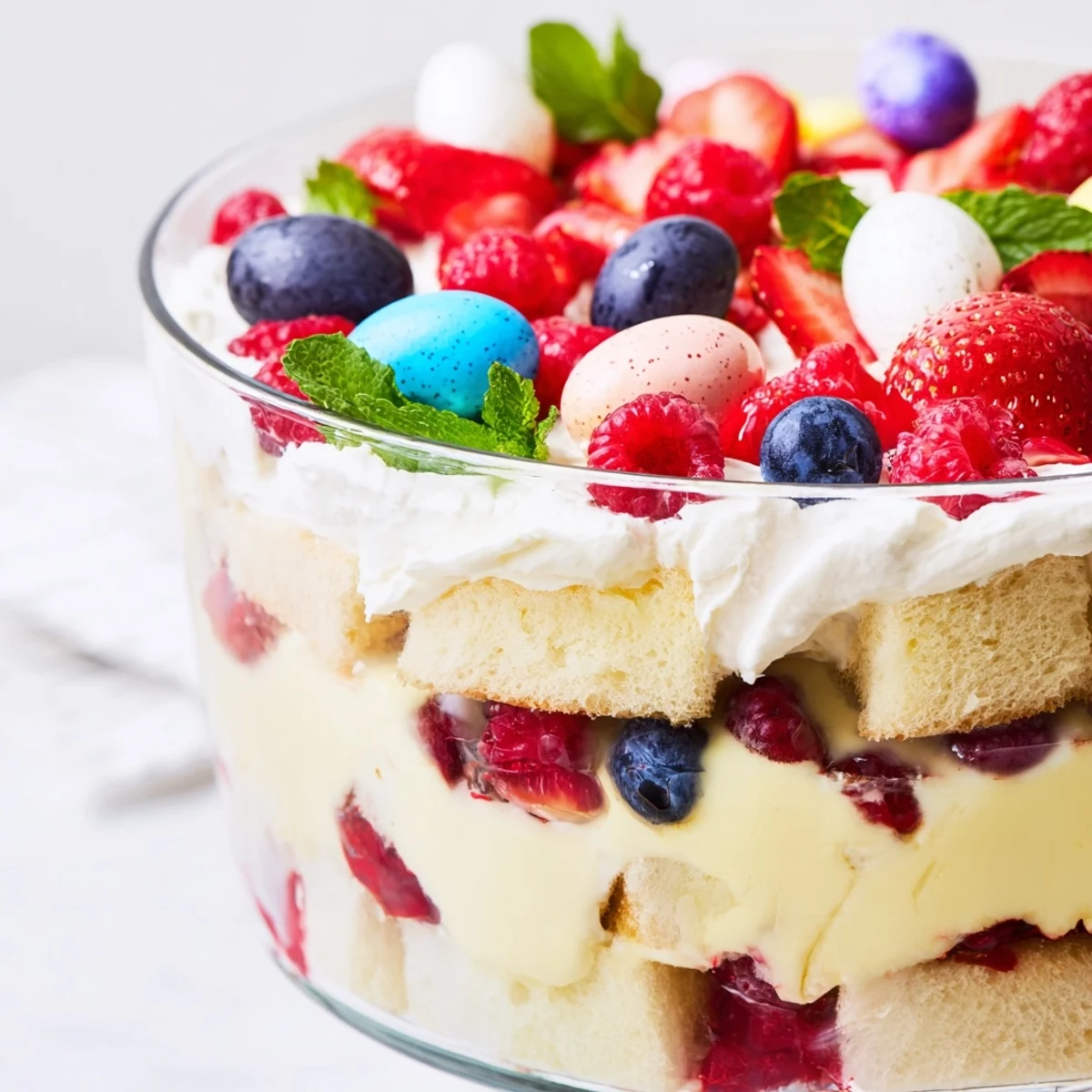 Glass trifle bowl showcasing layered Easter trifle dessert with fluffy whipped cream, vibrant mixed berries, vanilla custard, and sponge cake topped with colorful chocolate eggs.