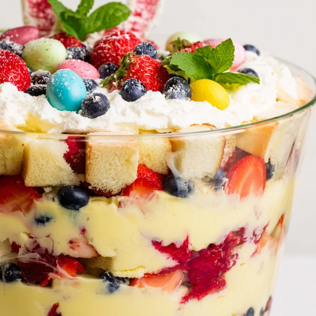Beautiful Easter trifle dessert displaying alternating layers of tender cake, rich custard, ruby-red raspberries, and sweetened whipped cream garnished with pastel sprinkles and mint.