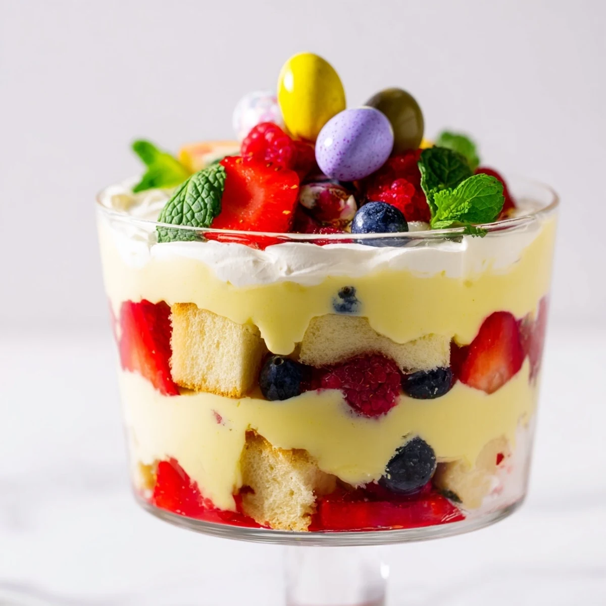 Festive Easter trifle dessert stacked with golden sponge cubes, creamy vanilla custard, fresh strawberries and blueberries, and billowy whipped cream in a clear glass dish.