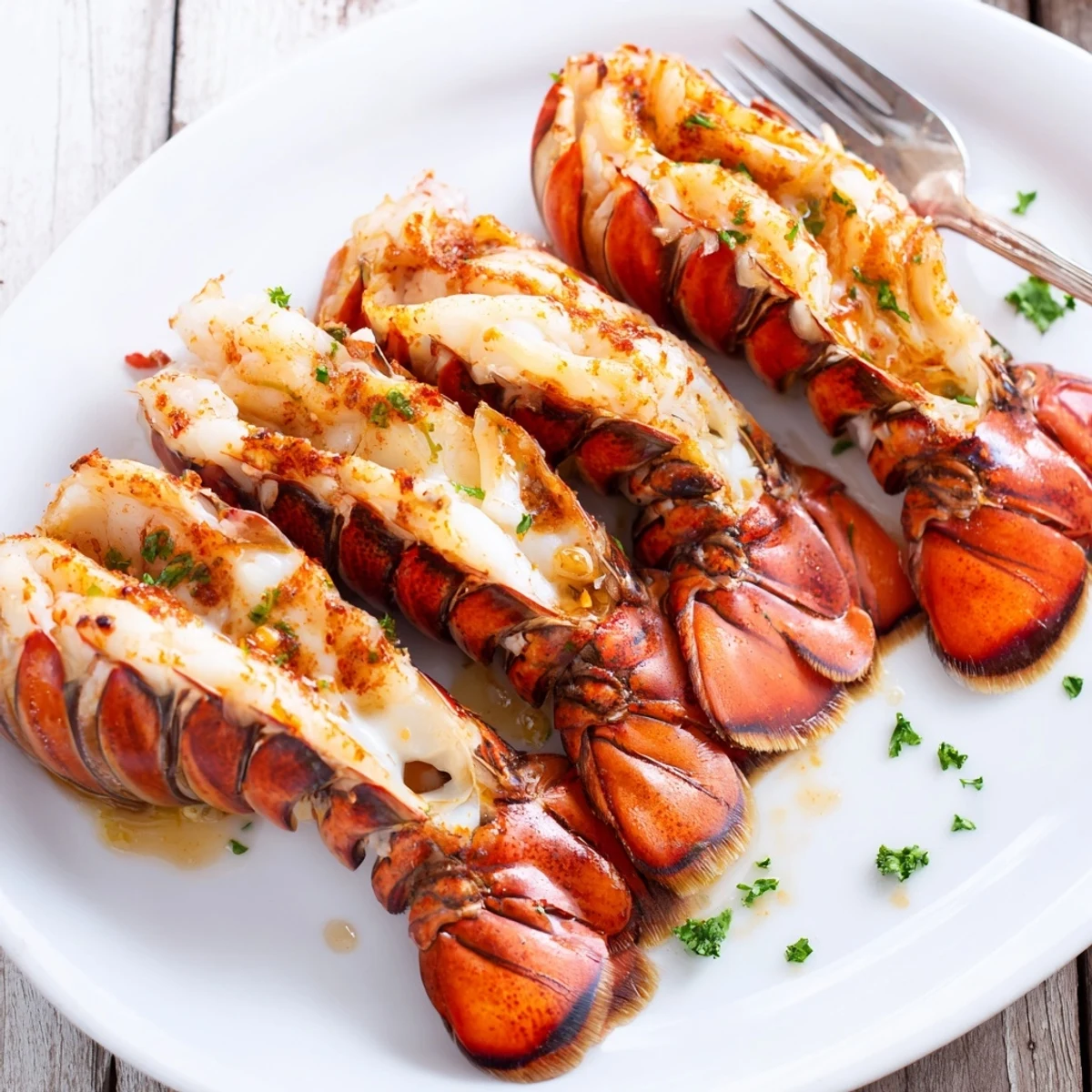 Golden baked garlic butter lobster tails brushed with rich buttery sauce and fresh parsley
