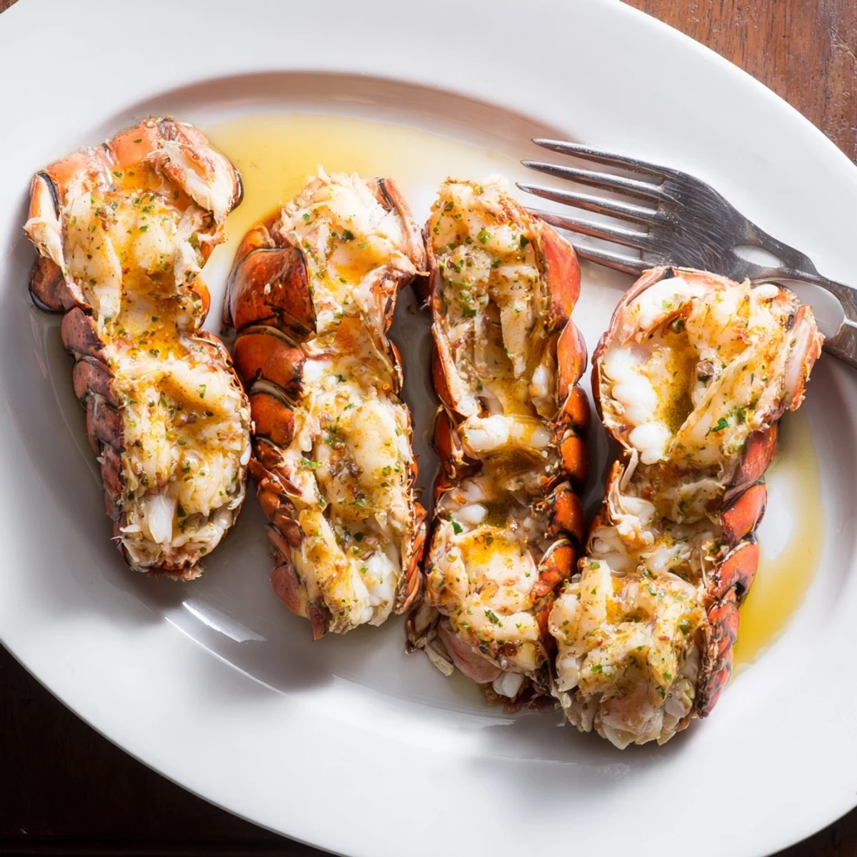 Elegant garlic butter lobster tails topped with lemon wedges and chopped green parsley