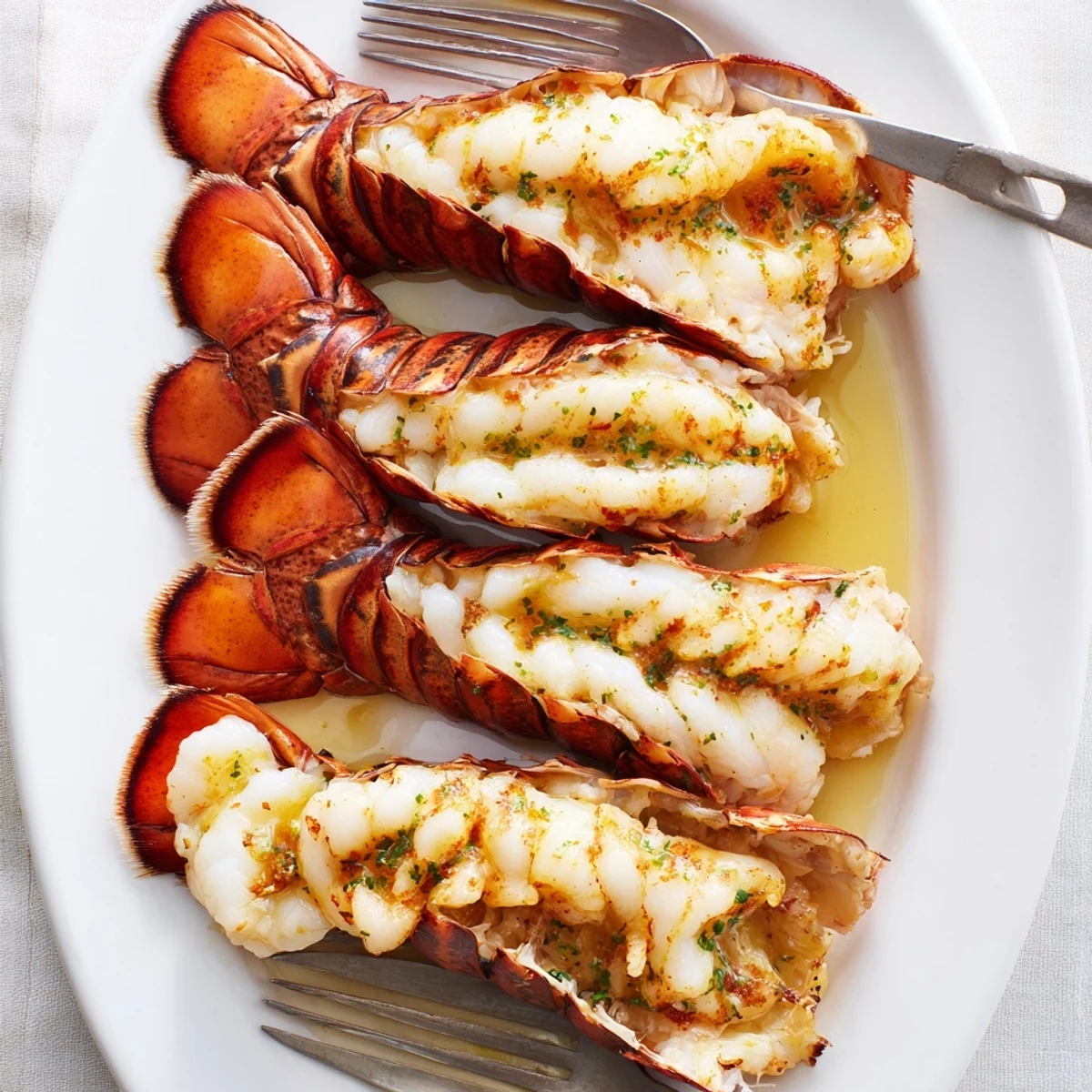 Tender lobster meat glistening with garlic butter sauce served on a white baking sheet