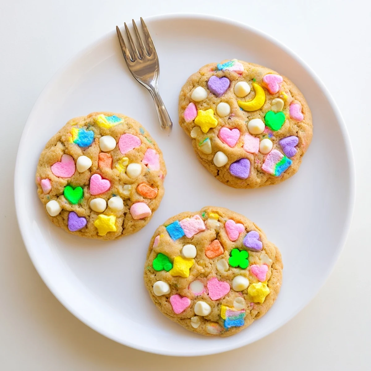 Soft, chewy Lucky Charms cookies with colorful marshmallows scattered on top for a fun, festive dessert.