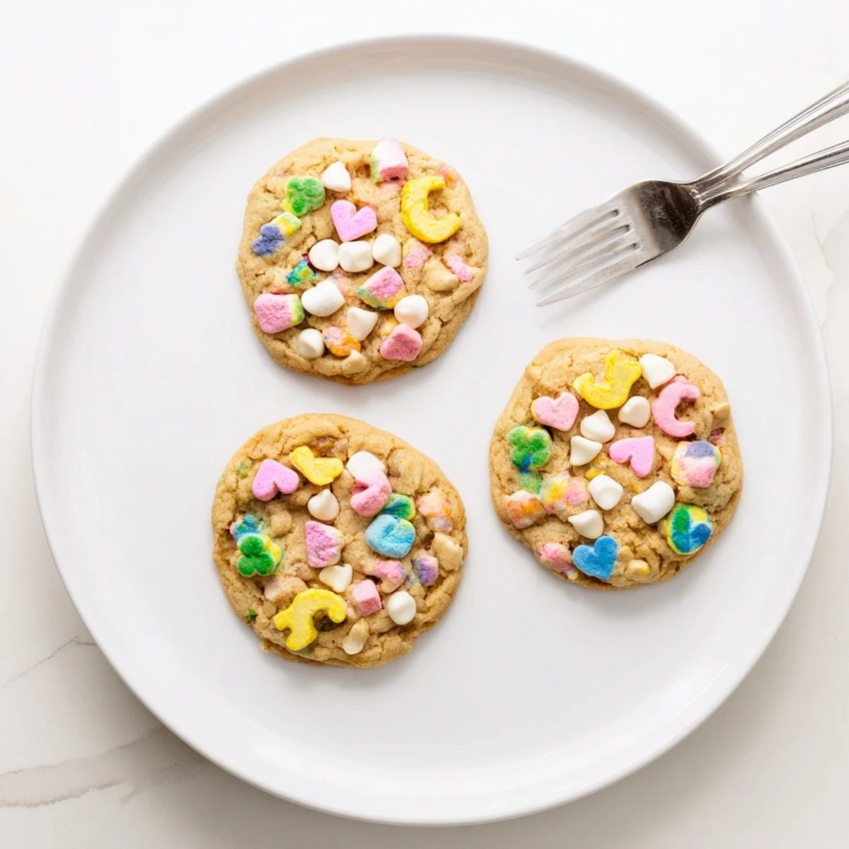 Golden-baked Lucky Charms cookies studded with pastel marshmallows and white chocolate chips on parchment paper.