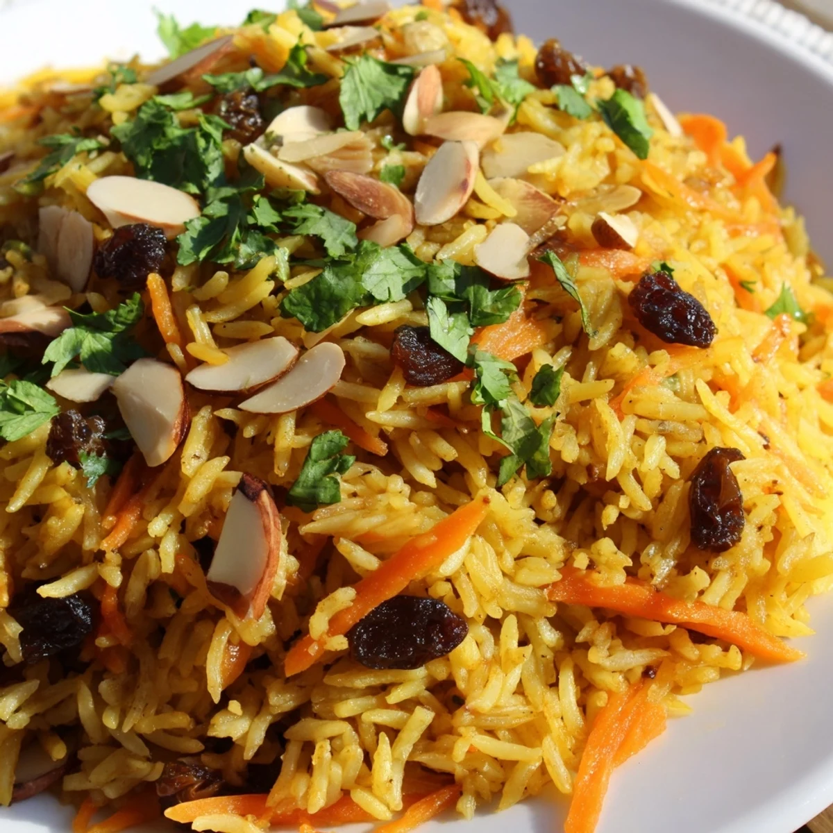 Afghan rice steamed with warm spices, golden carrots, and plump sweet raisins