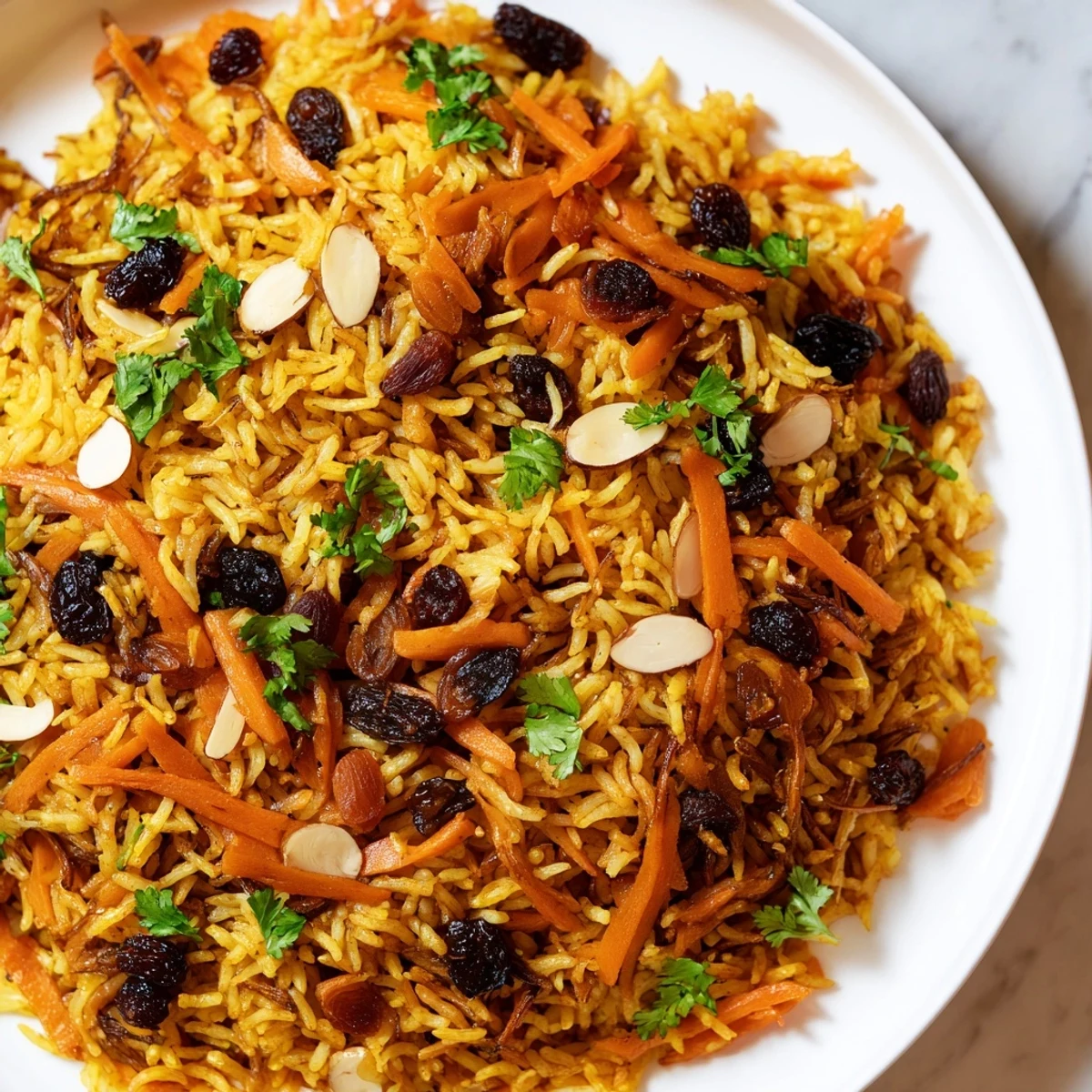 Fragrant Afghan rice topped with caramelized carrots, raisins, and fresh green herbs