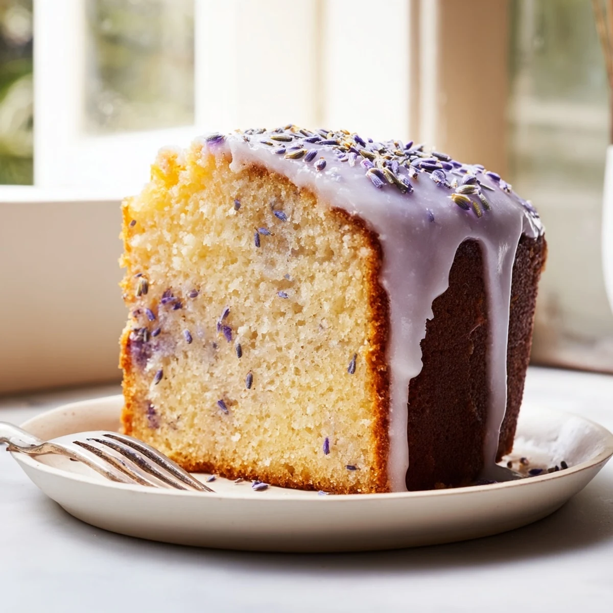 Lavender cake with lemon glaze drizzled over a tender golden crumb studded with purple buds