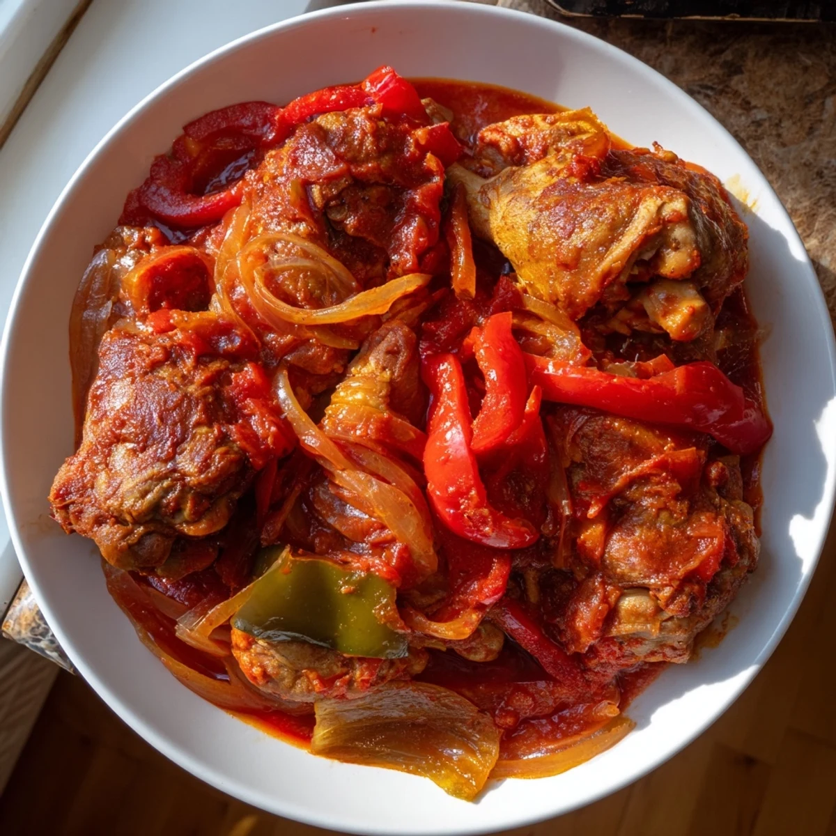 Tender Senegalese chicken simmered in rich tomato sauce with colorful bell peppers