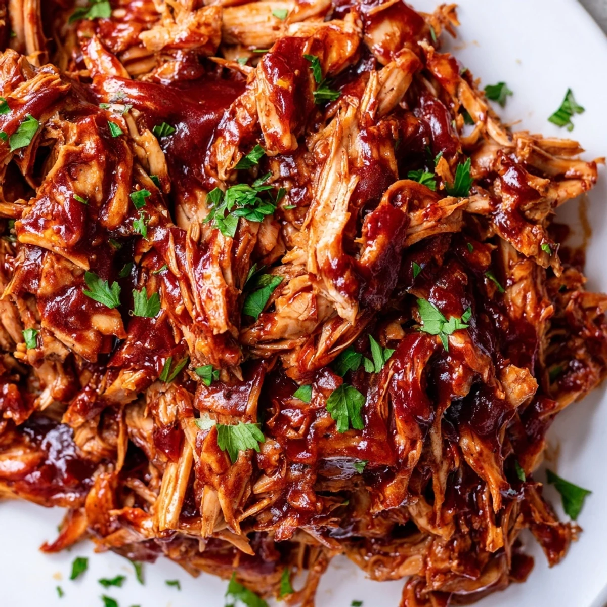 Tender Sweet Baby Ray's Crockpot Chicken glistening with rich barbecue sauce on a white plate