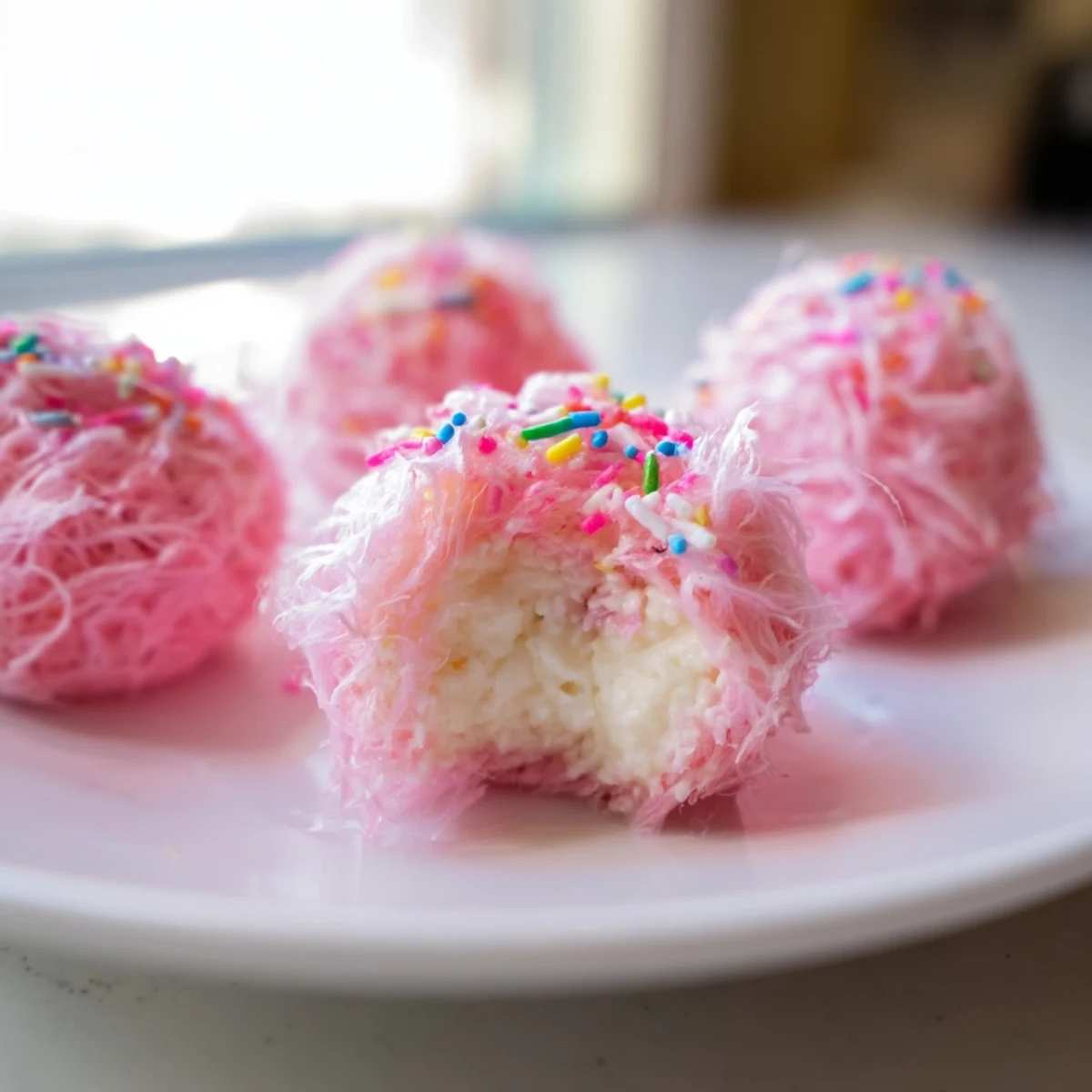 Mini Cotton Candy Cheesecake Puff Balls with fluffy pink spun sugar coating and creamy centers on a decorative serving plate