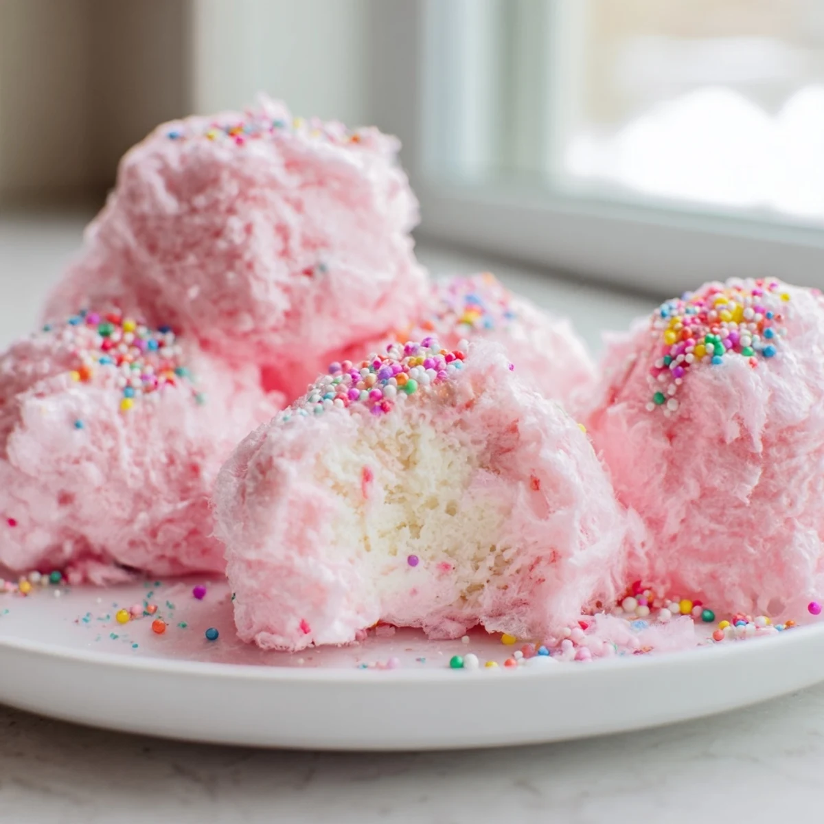 Creamy Mini Cotton Candy Cheesecake Puff Balls topped with colorful sprinkles for a festive party dessert presentation