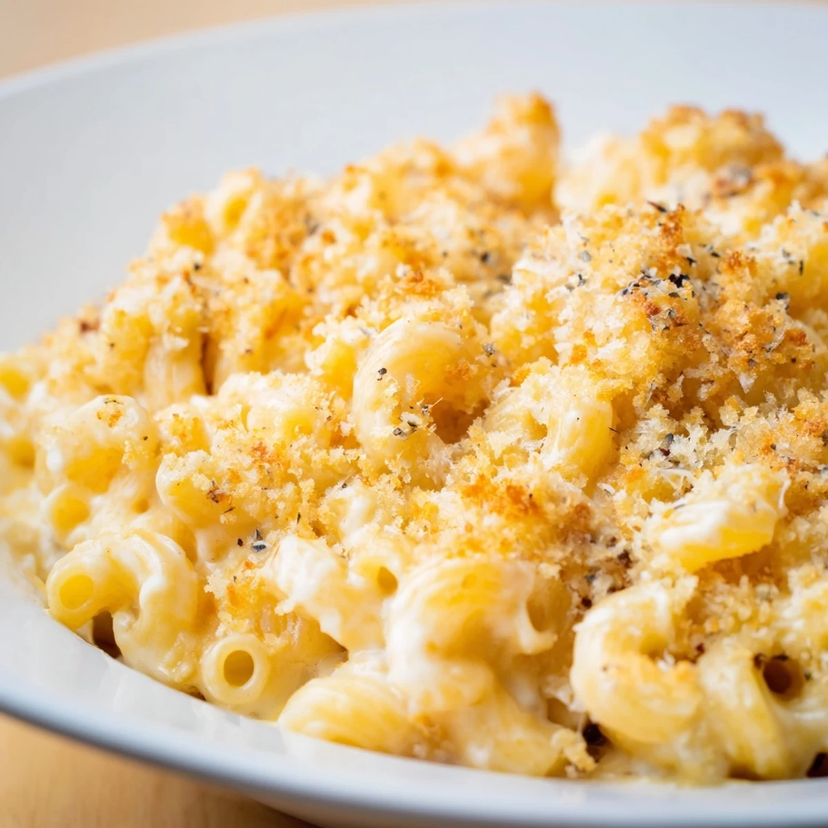 Creamy three cheese baked macaroni with golden panko topping bubbling in a cast iron skillet