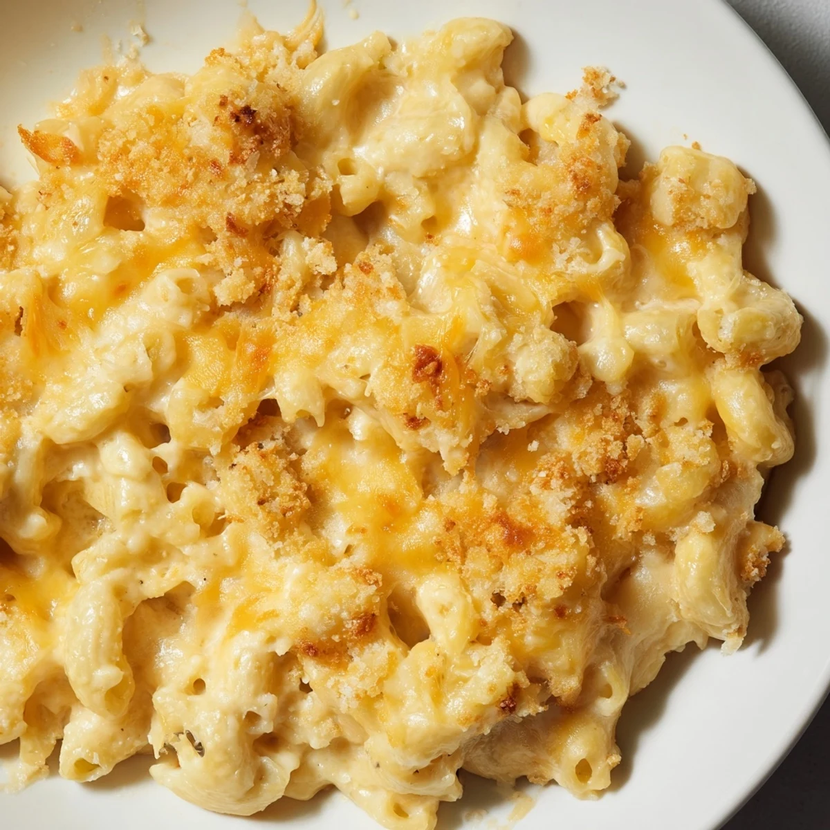 Three cheese baked macaroni served in a white dish with melty mozzarella pulls