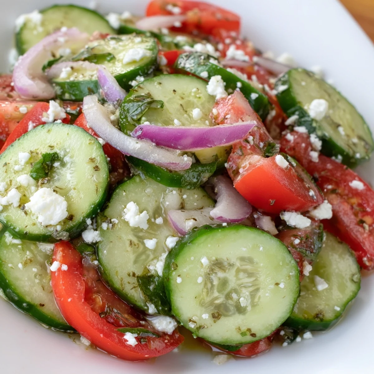 Crisp Italian cucumber salad with ripe tomatoes and zesty herb dressing in white bowl